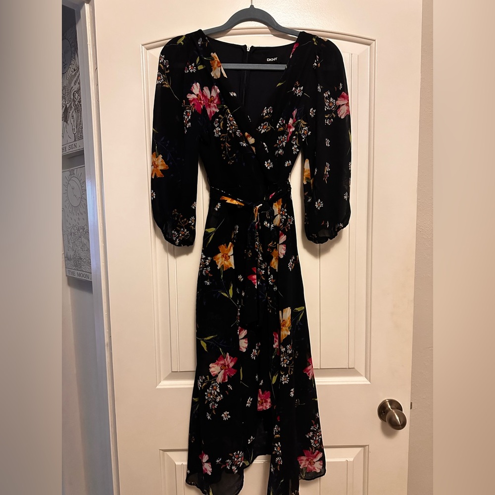 Dark Blue, Floral, DKNY, Midi Dress. - Picture 2 of 9